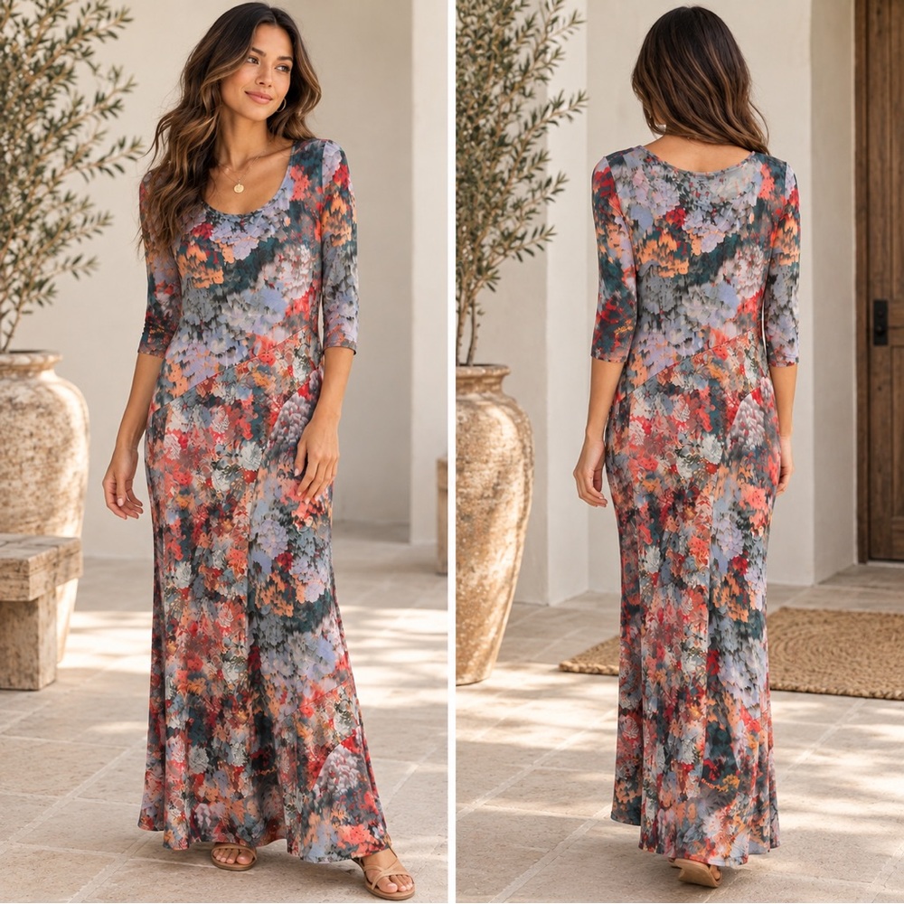 Soft Surroundings Nanette Maxi Dress Multicolor Boho 3/4 Sleeve